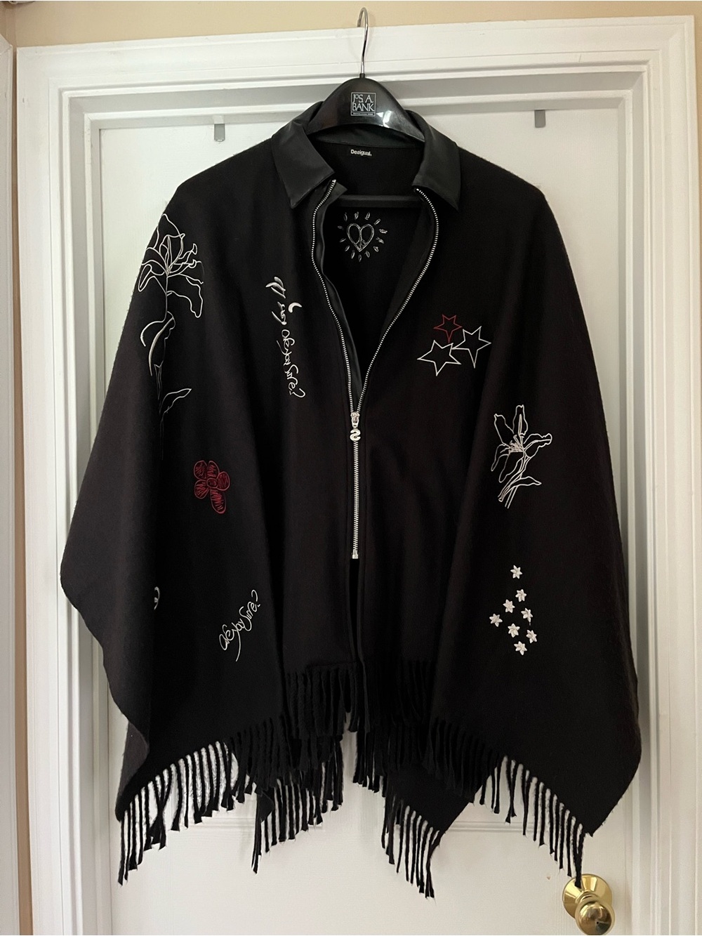 Desigual Black Embroidered Fringe Zip Poncho-Felt material
